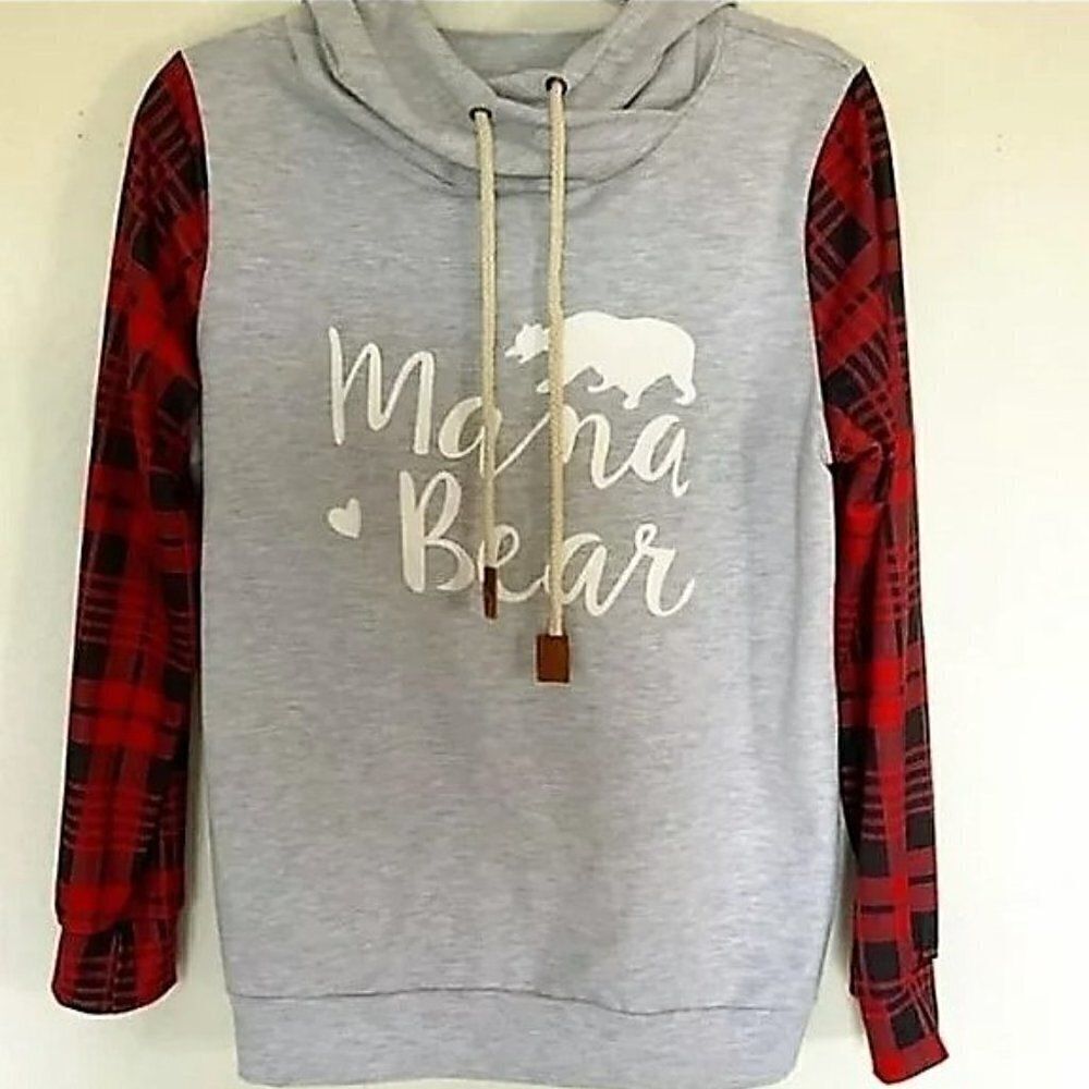 Mama Bear Buffalo Plaid Sleeve Pullover Hoodie Gray L - Picture 4 of 10